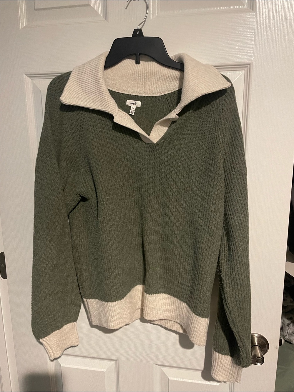 aerie Olive Green and Cream Collared Knit Sweater